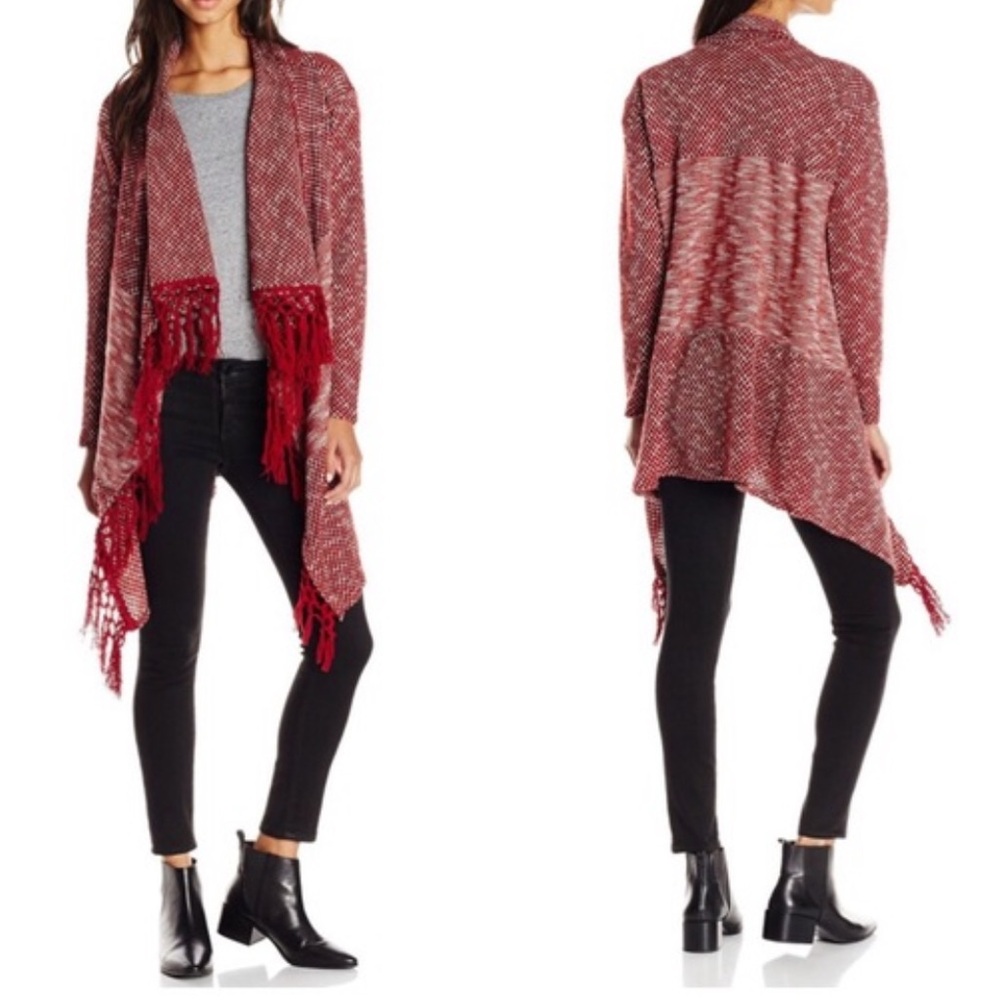 Flying Tomato Size Large Open Front Long Tassel Red and White Knit Cardigan